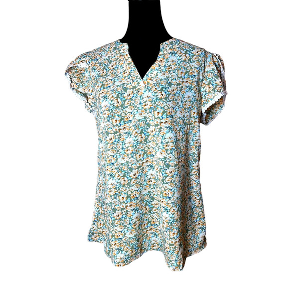 NWT Anna-Kaci Floral Collarless V-Neck Short Puff Sleeve Blouse Tunic Size M - Picture 1 of 5